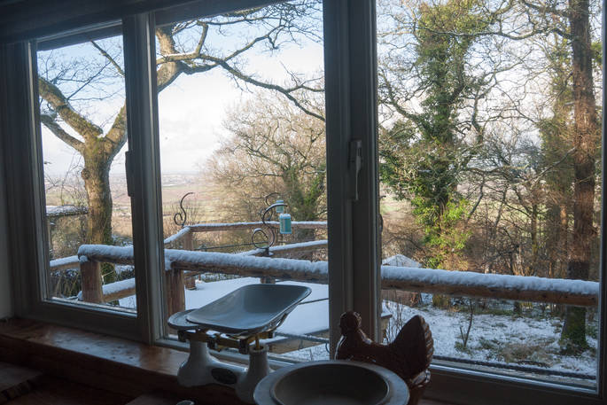 The Oak House cabin view during winter snow, Beechwood Cottages, Bath & N.E. Somerset 8