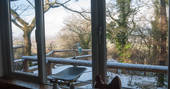 The Oak House cabin view during winter snow, Beechwood Cottages, Bath & N.E. Somerset 8