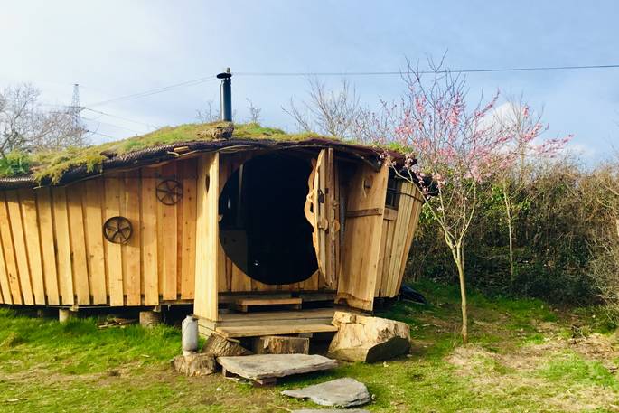 Wooden Cornish Hobbit house at Mill Valley in Cornwall