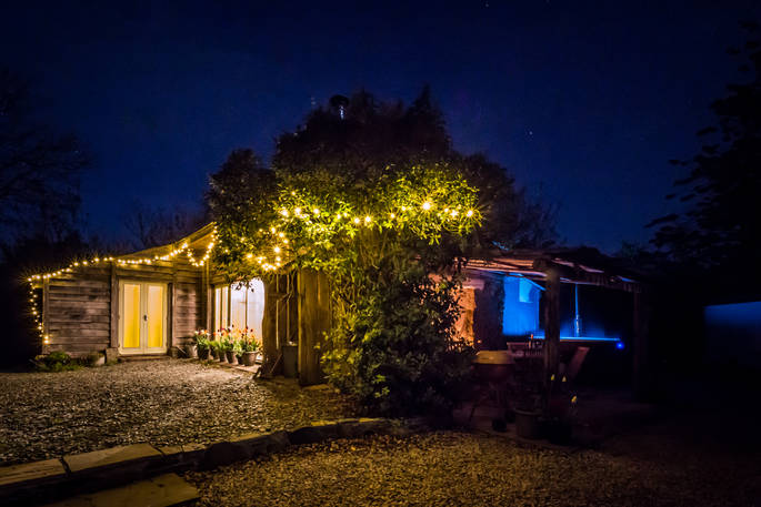 the old potting shed, cabin, cornwall, night time, fairy lights