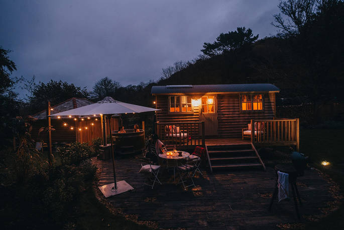 Wilderness Kitchen shepherds hut during the night, St Agnes, Cornwall