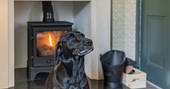 West Lodge house dog relaxing wiht the wood burner, Edenhall Estate, Penrith, Cumbria
