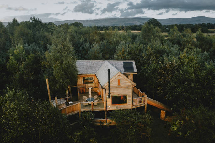 Silva Treehouse drone view, Into the Woods. Penrith, Cumbria