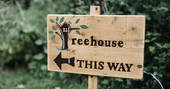 Quirky wooden sign pointing towards Netherby Treehouse at Netherby Estate in Cumbria