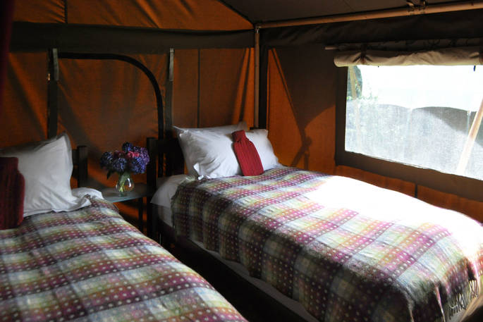 The Gritstone safari tent twin single beds, The Gathering, Hope Valley, Derbyshire