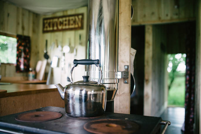 Kitchen and stove at Duckpool, Berridon Farm, Devon