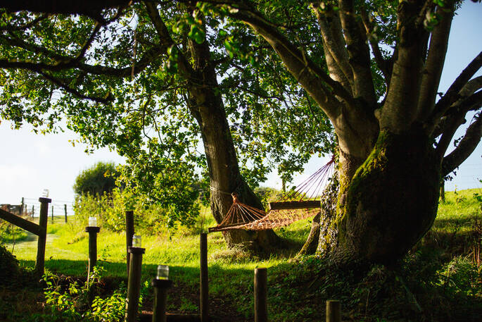 Jump in the hammock and bask in the evening sun at Vintage Vardos in Devon