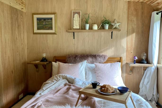 Hill's Cross Hide cabin double bedroom, Stockland, Honiton, Devon