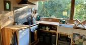 Hill's Cross Hide cabin kitchen, Stockland, Honiton, Devon