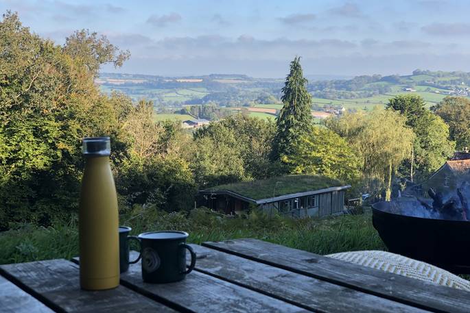 Hill's Cross Hide cabin - view from the outdoor breakfast table, Stockland, Honiton, Devon