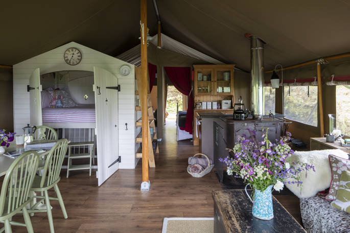 Interior of Longlands safari tents at Combe Martin, North Devon