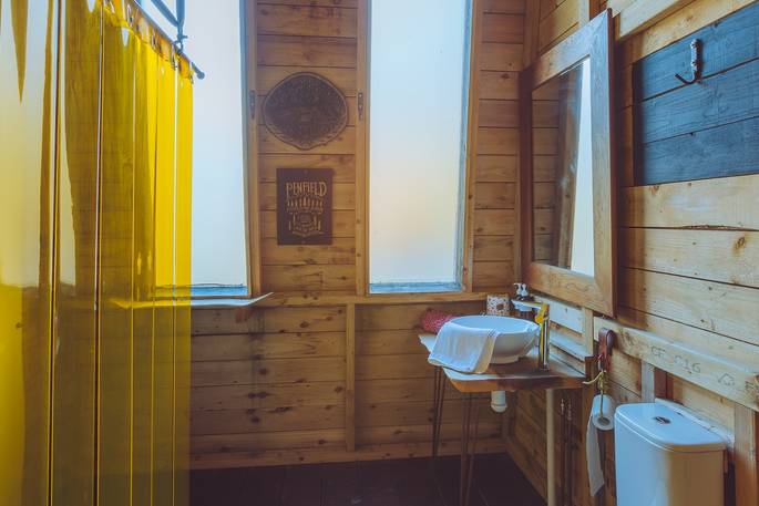Welcombe Pod geodome bathroom with shower, Loveland Farm at glamping, Hartland, Devon
