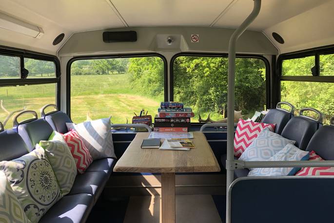 Seating on the top deck of the double decker bus at the family-friendly Parsons Camp