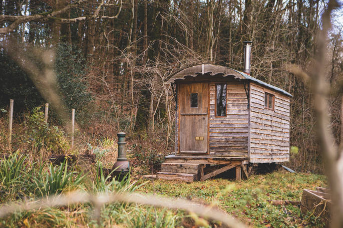 Exterior of Tay's Shepherd's Hut in at Campwell Cherry Orchard in Gloucestershire