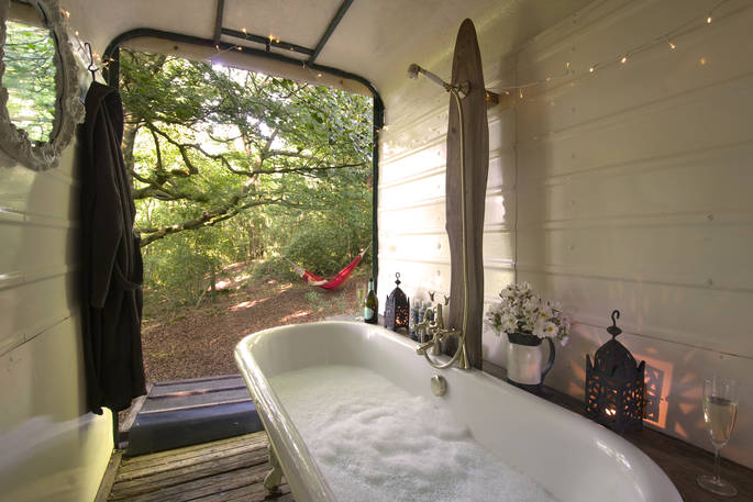 A bubble bath with a view at Sapperton Yurt in Gloucestershire