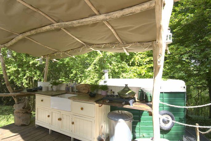 Sapperton Yurt covered outside kitchen at Westley Farm in Gloucestershire