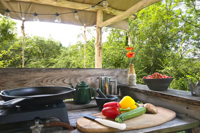 Cook and dine al fresco outside of Yurt Reynolds at Westley Farm 