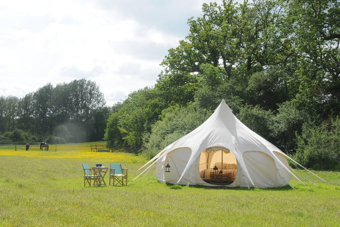 Exterior of one of the bell tents at Munday’s Meadow at Wild Wood Bluebell in Gloucestershire 