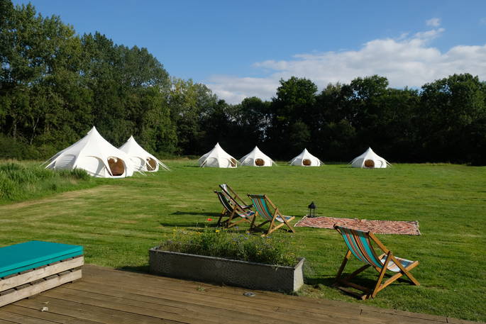 Munday's Meadow lotus belle tents camp - the large group space, Wildwood Bluebell, Donnington, Gloucestershire