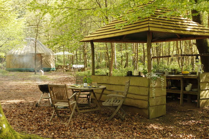 Birch yurt at Adhurst with well-equipped outdoor kitchen