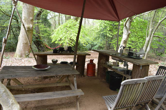 The fully-equipped outdoor kitchen at Chestnut yurt, Adhurst
