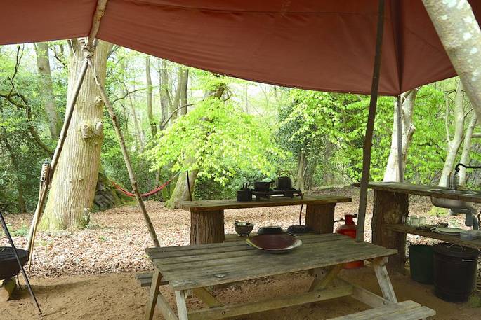 The rustic outdoor kitchen in the woods at Chestnut yurt, Adhurst