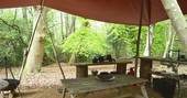 The rustic outdoor kitchen in the woods at Chestnut yurt, Adhurst