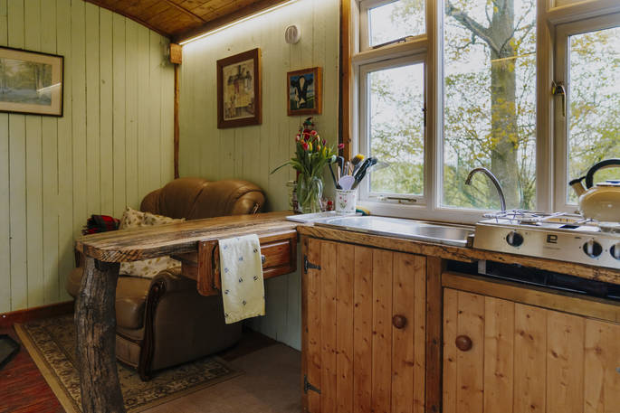 Brackendale cabin dining area at Nicholson Farm, Leominster, Herefordshire