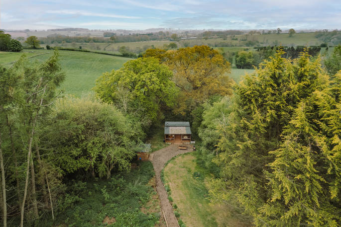 Brackendale cabin drone view at Nicholson Farm, Leominster, Herefordshire