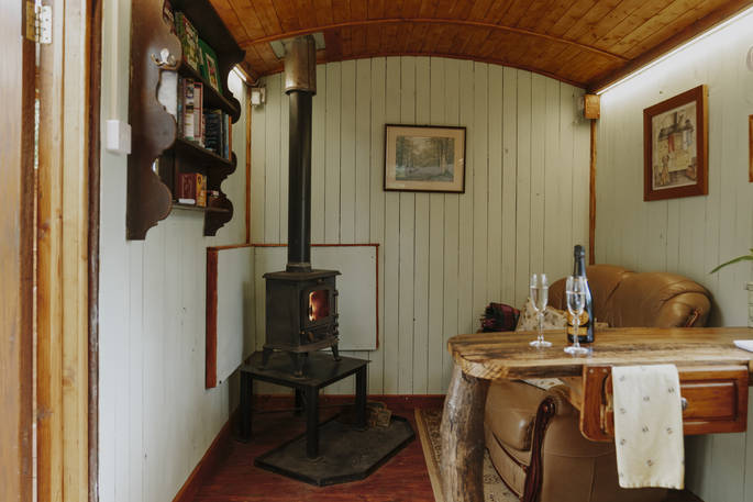 Brackendale cabin wood burner at Nicholson Farm, Leominster, Herefordshire