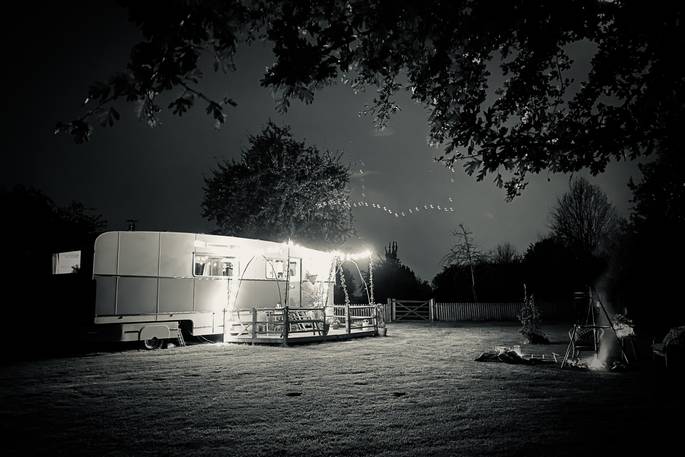 The Sipson wagon glamping at night time, Vowchurch, Herefordshire