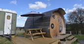 Hedgehog Hall cabin decking with picnic table, Landews Meadow Farm, Challock, Kent