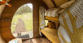 Hedgehog Hall cabin interior with view from the entrance, Landews Meadow Farm, Challock, Kent