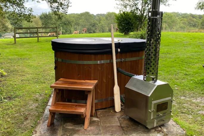 The hot tub and the view at Sergeant Troy, Edenbridge, Kent