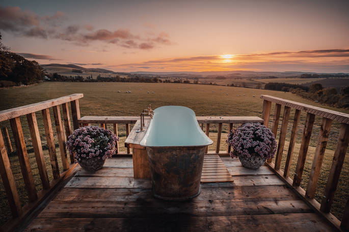 Stunning views from the outdoor bath at Maylies, Huts in the Hills in Northumberland 