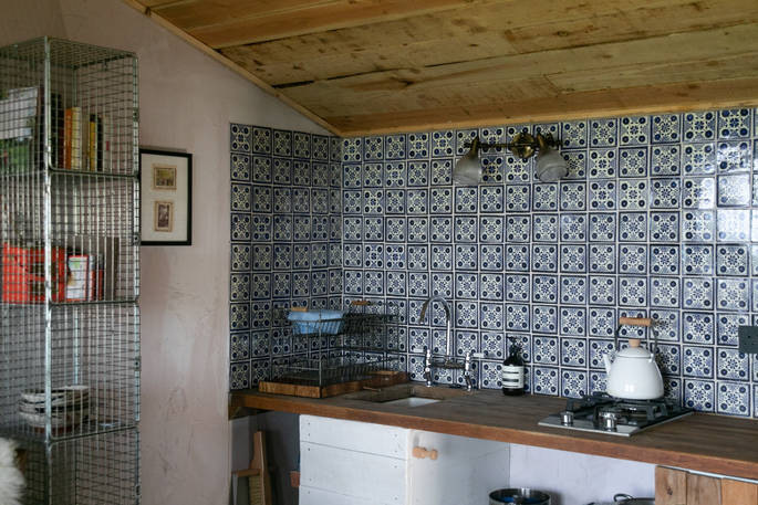 The Gardener's Shed cabin kitchen area at Mello View, Winsham, Somerset