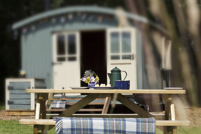 Gypsy's Rest gypsy caravan picnic table, Hasketon, Nr. Woodbridge, Suffolk, England by Chris Rawlings