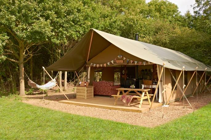 Exterior view of Secret Meadows safari tent in Suffolk