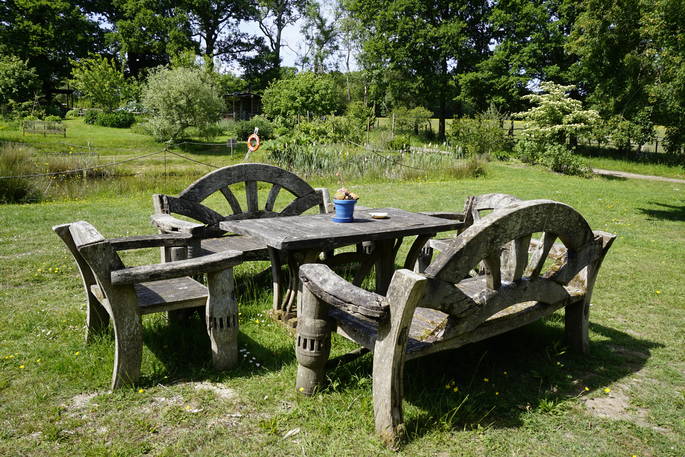 Forest Garden, Ashurstwood benches at the communal area, East Sussex