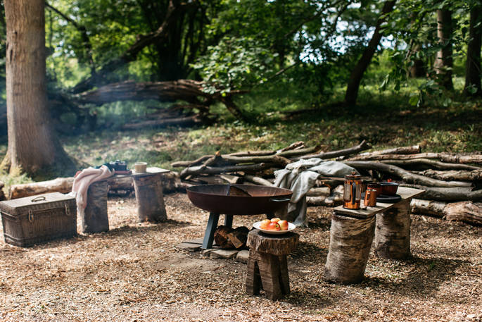 Breakfast by the fire pit at Walk Wood Wagon in Sussex