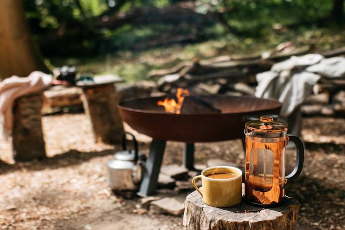 Brew a coffee by the toasty fire pit at Walk Wood Wagon in Sussex