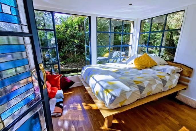 Double bed inside Falling Water cabin at Ponden Mill in Yorkshire 