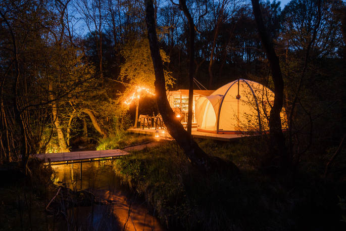 Beck bell tent at night time, The Lazy T at Old Byland, York, Yorkshire