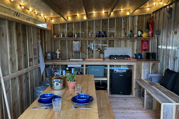 The Den cabin - outdoor covered kitchen, One Cat Farm, Lampeter, Ceredigion, Wales