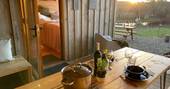 The Lookout cabin dining table, One Cat Farm, Lampeter, Ceredigion, Wales
