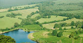 Beautiful aerial view of the reservoir and Monmouthshire countryside near Penhein Glamping
