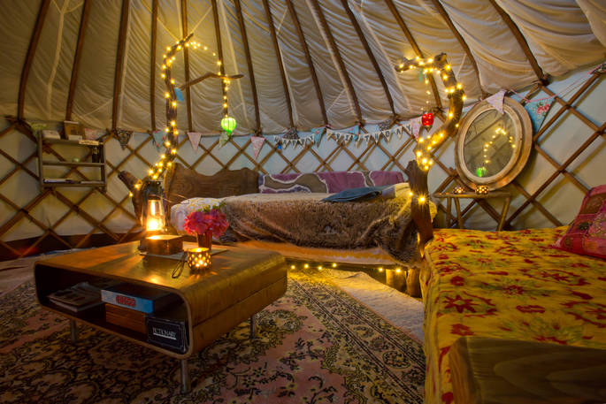 Fairy lights in the interior of the yurt