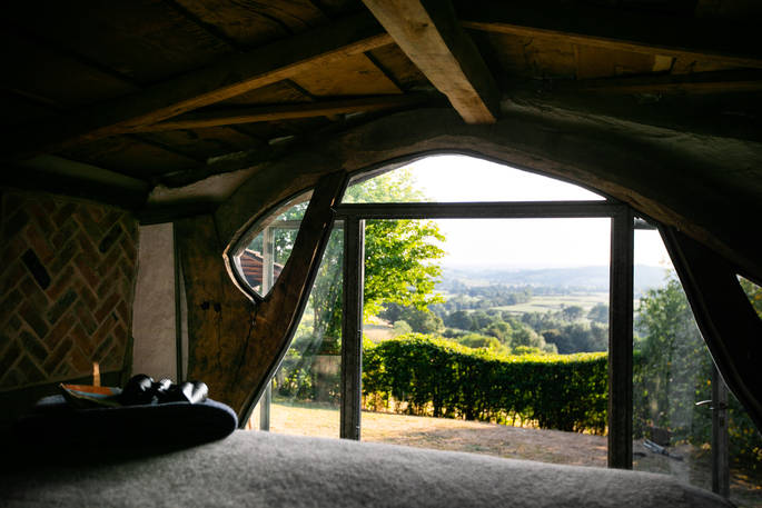 The bright and airy Sleepout cabin at Sunnylea, with beautiful far-reaching views of the Powys countryside