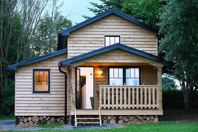 Exterior of Walden Lodge, the cosy cabin at Hide at St Donats in Vale of Glamorgan 