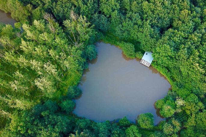 Stunning aerial view of Caru Cabin in Dordogne, the wooden cabin situated at a small lake, surrounded by green trees, France